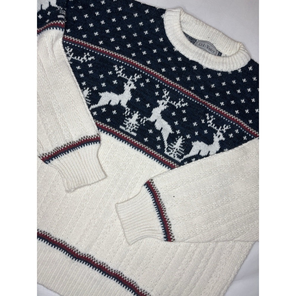 Rob Winter Vintage Sweater White & Blue Reindeer Snowflake‎ Made in Turkey Soft